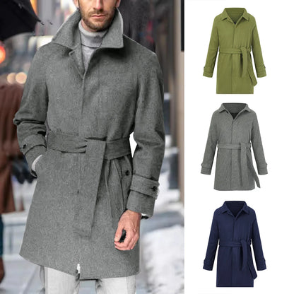 Men'S Vintage Woolen Windbreaker Trench Coat - Lapel Buttoned Belt Mid-Length Fall Winter Casual Outerwear