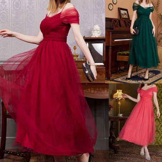 Fashion  Short Sleeve  Waist Corset Cocktail Party Pleated Dress Women'S Mesh V Neck Wedding Bridemerd Dress