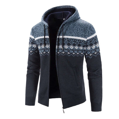 Fall Winter Men's Hooded Sweater Cardigan Jacket Color Block Long Slee