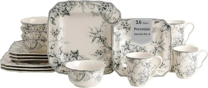 4-Person Square Floral Dinnerware Set: 16-Piece Grey & White Porcelain For Everyday Dining