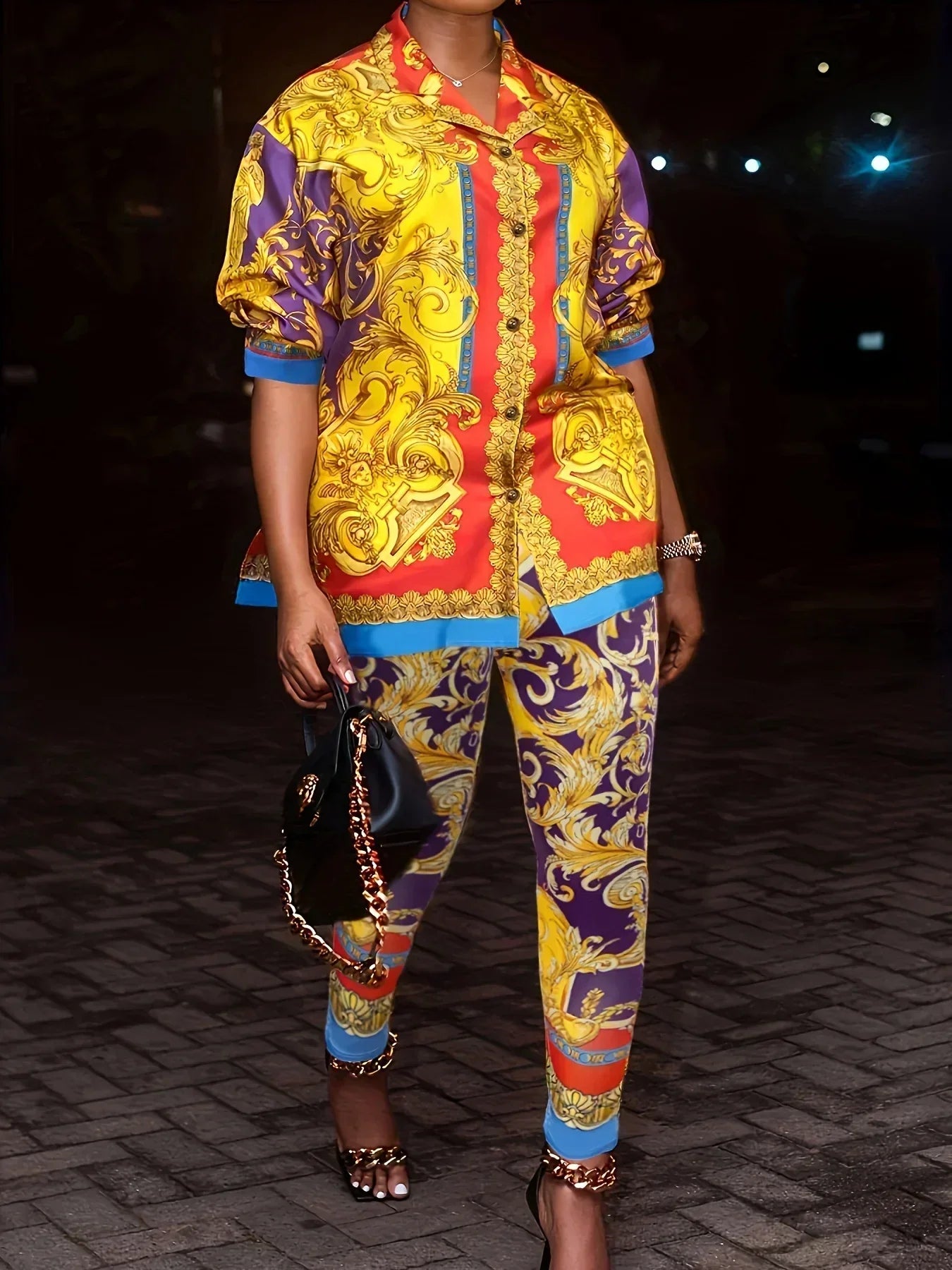 G Casual Printed Patchwork Lapel Long-sleeved Two-piece Suit