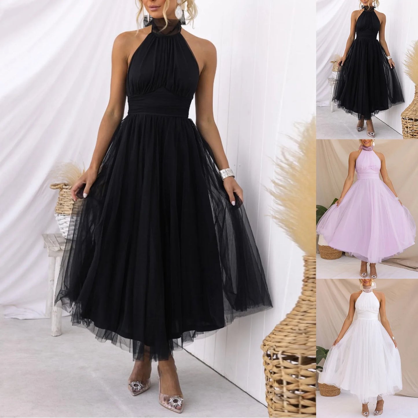 Cute Halter Holiday Party Dress Women Off Shoulder Mesh Backless Pleat