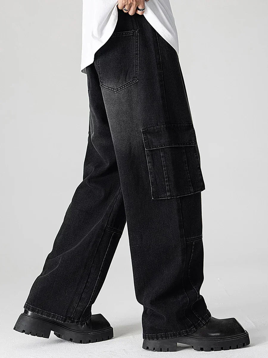 Men Elastic Waist Loose Fit Casual Jeans with Pockets -  Streetwear Trousers for a Cool Look