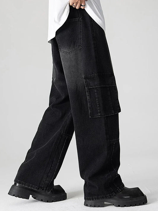 Men Elastic Waist Loose Fit Casual Jeans with Pockets - Stylish Streetwear Trousers for a Cool Look
