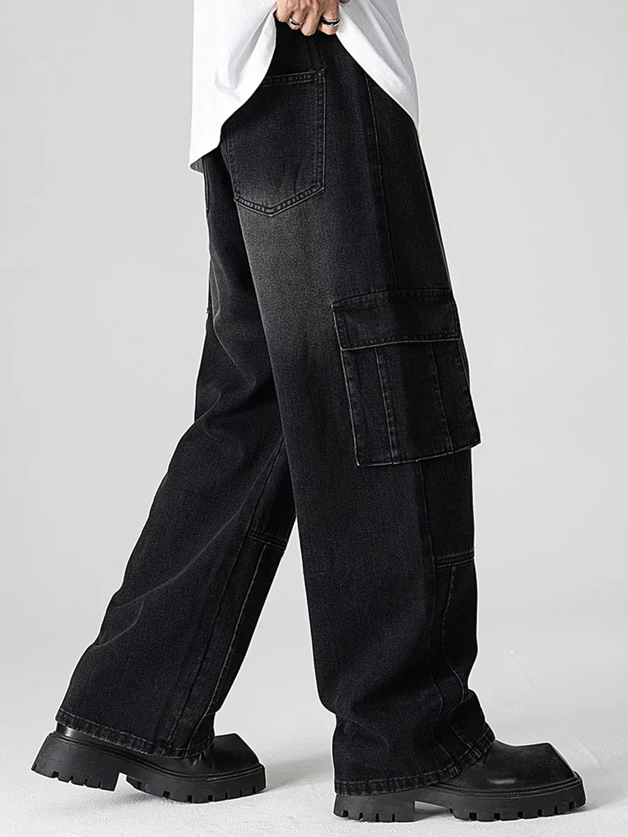 Men Elastic Waist Loose Fit Casual Jeans with Pockets - Stylish Streetwear Trousers for a Cool Look