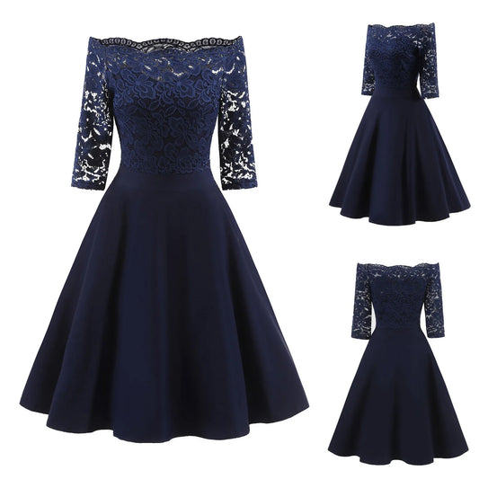 Women Elegant Off Shoulder Dresses Lace Half Sleeve Strapless Cute Wom