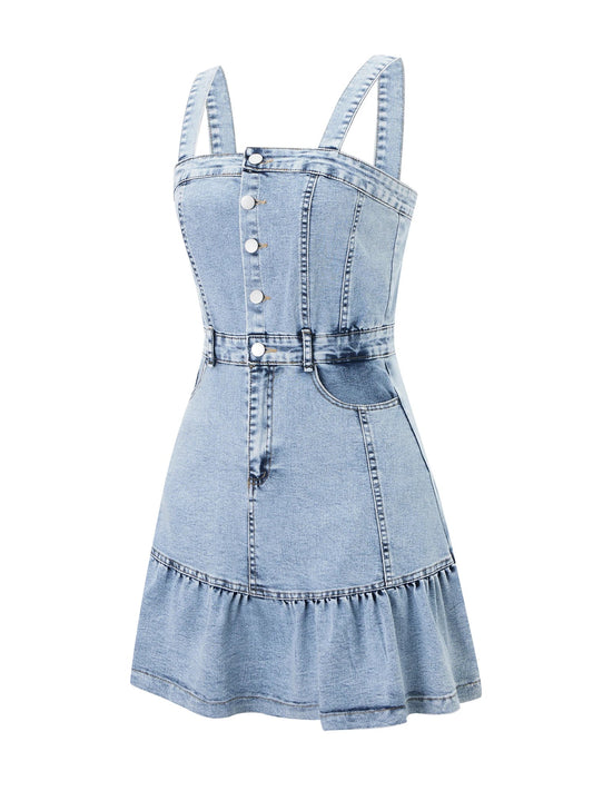 WoMenleeveless Denim Jumpsuit with Button Up Front and Square Neckline Solid Color Overall Mini Dress for Summer Beachwear