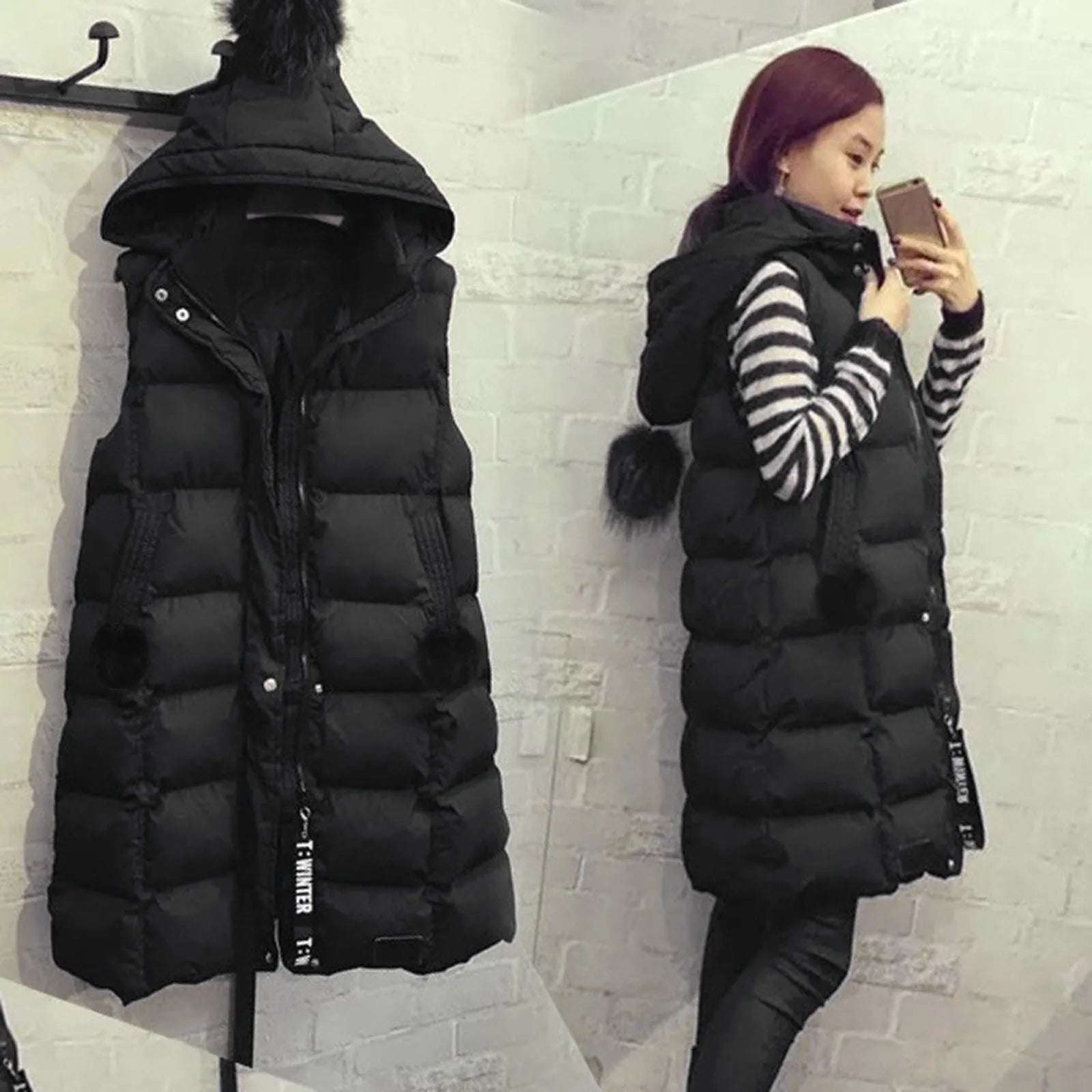 Puffer Coat Outerwear Autumn Winter WoMenleeveless Vest Mid Length Button Down Down Jackets With Pockets Hooded Quilted Vest