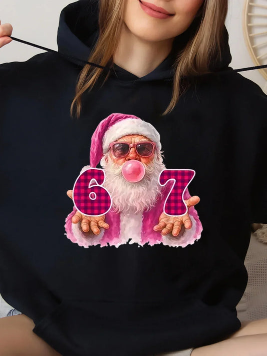 Santa Claus 67 Christmas Print Hoodie Holiday Casual Wear Black Big Size