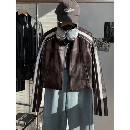 Women'S Striped Long Sleeve Casual Brown Faux Leather Motorcycle Cropped Jacket, Autumn