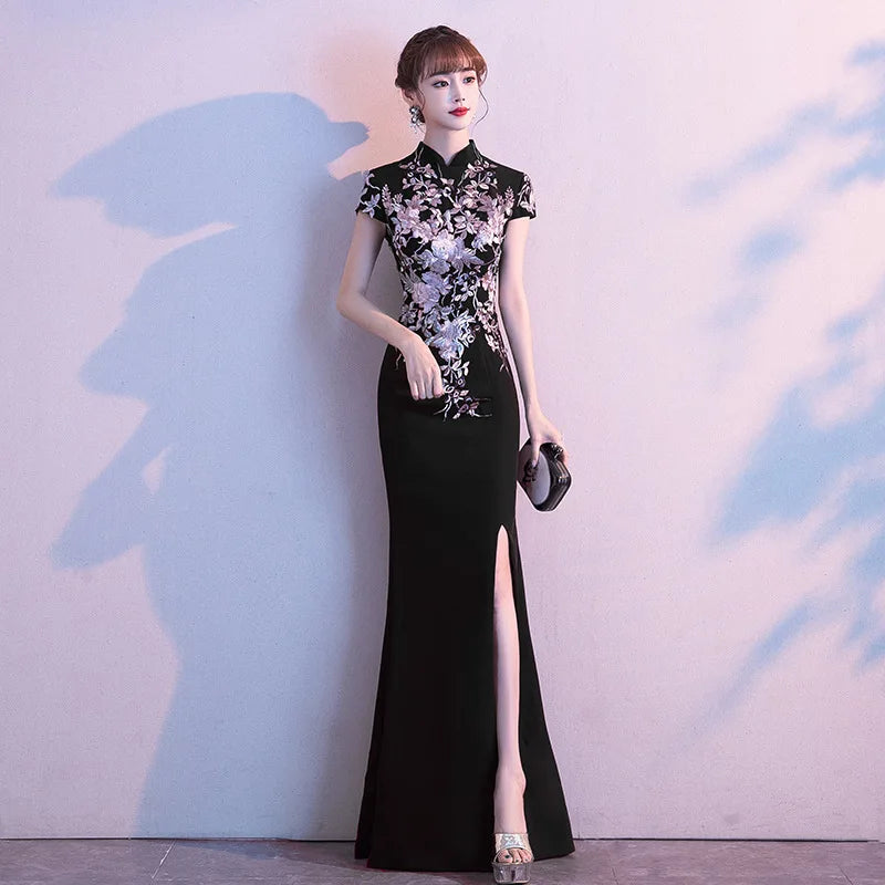 Chinese Formal Party Dress Exquisite Embroidery Applique Cheongsam Lady Qipao Banquet Dress Cute A-Line Maxi Dress Vestidos