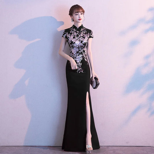 Chinese Formal Party Dress Exquisite Embroidery Applique Cheongsam Lady Qipao Banquet Dress Cute A-Line Maxi Dress Vestidos