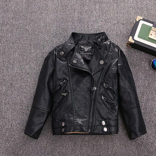 Kids Girl Spring Pu Leather Jacket Motorcycle Coat For Boy Faux Leather Jacket Baby Thickened Outer Sweaters