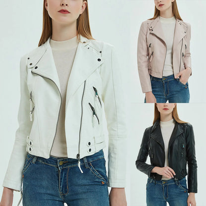 WoMen's Motorcycle Leather Jacket Zipper Casual Lapel Crop Coat  Street Short Leather Jackets Autumn Winter Fashion Tops