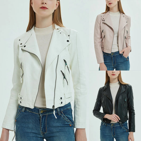 WoMen's Motorcycle Leather Jacket Zipper Casual Lapel Crop Coat High Street Short Leather Jackets Autumn Winter Fashion Tops