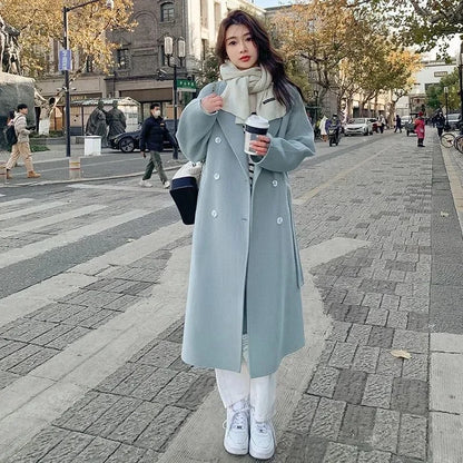Women'S Blue Korean Style Loose Woolen Coat - Fashion Autumn Winter Outerwear