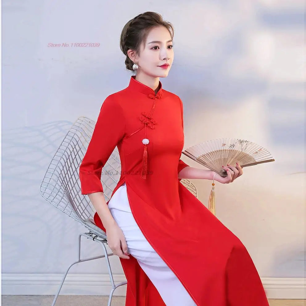 2026 Traditional Aodai Dress Vietnam Vintage Aodai Dress+Pants Set Oriental Qipao Dress Cheongsam Banquet Evening Dress Vestido