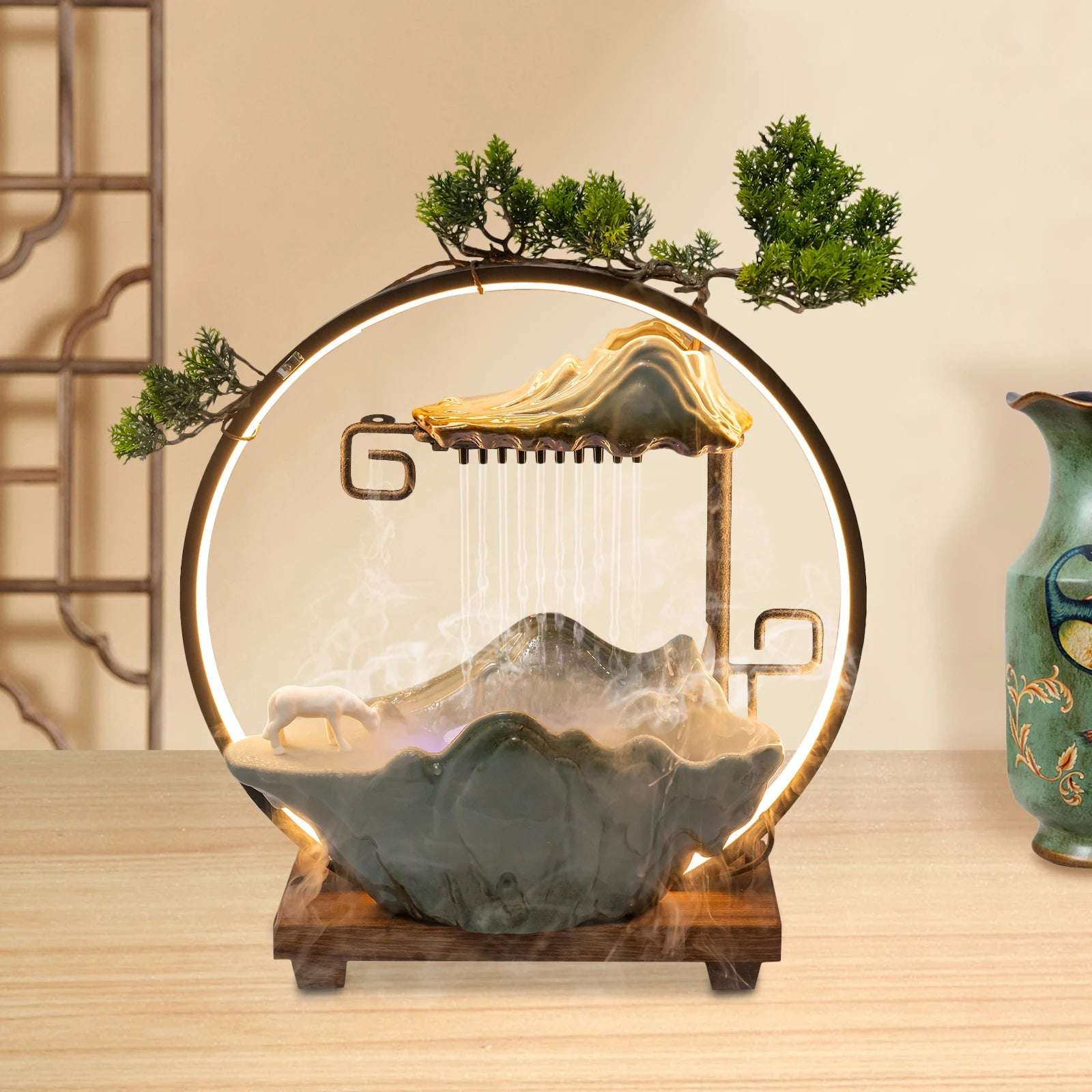 Backflow Incense Holder with Water Fountains and LED Light, Rockery, Horse and Plants Suitable for Relaxing or Home Decor