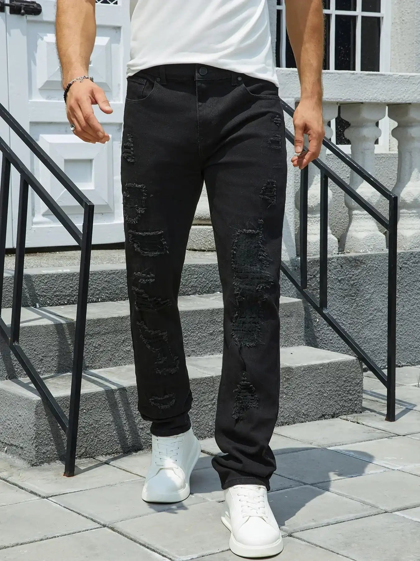 Men's denim stretch pants, full of holes, trend color wash water, embroidery car chaos, slim-fit style, street rock-120BLACK