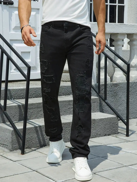 Men's denim stretch pants, full of holes, trend color wash water, embroidery car chaos, slim-fit style, street rock-120BLACK