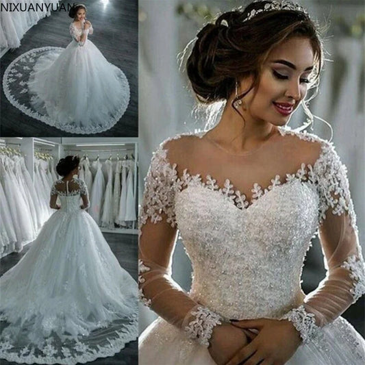 Elegant Dresses for Women Long Sleeve Wedding Dress Brides Robe Ball Gown Boutique Bride Female   Floor-length Formal Customized
