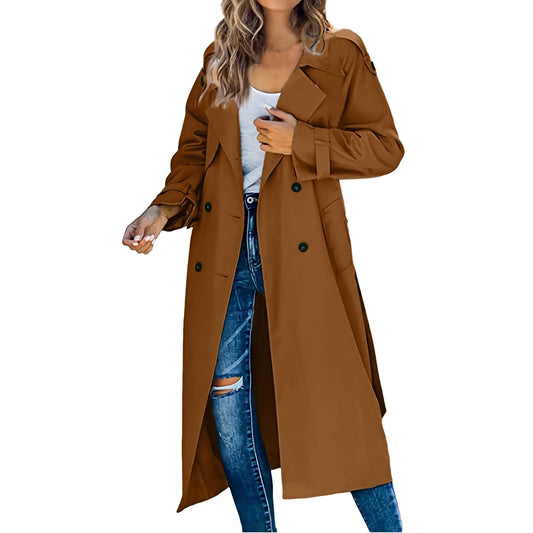Women's Long Trench Coats Fashion Double-Breasted Solid Color Windbreaker With Belt Autumn Winter Female Cotton Blends Outwears