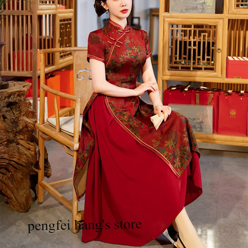 Burgundy Qipao Grace Improved Chinese Style Dresses Lady'S Satin Cheongsam Summer Spring Ao Dai Flower Print Dress Oversize 4Xl
