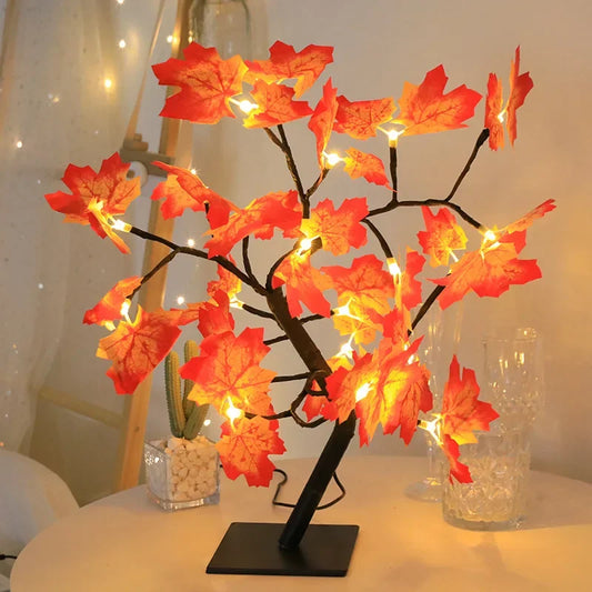 24 LED Maple Leaf Fairy Light Flower Tree Table Lamp Rose Night Light Gifts for Wedding Party Autumn Halloween Decoration