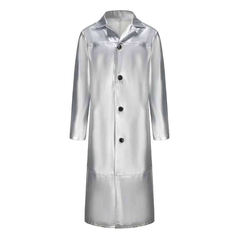 Streetwear Men Faux Leather Trench Fashion Long Windbreaker Coat Slim
