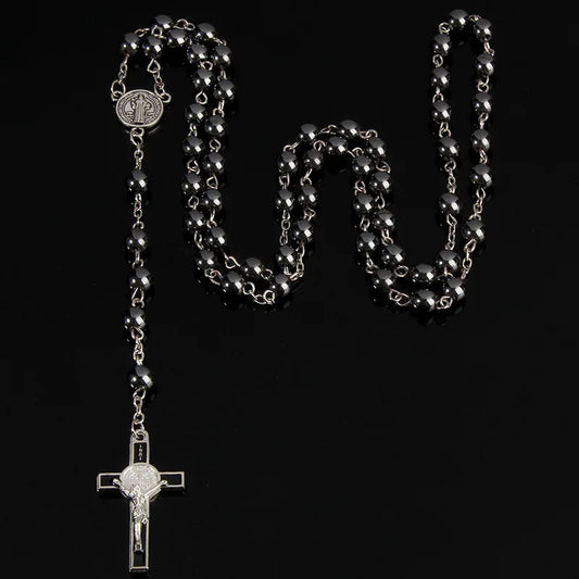 Vintage Black Gallstone Cross Rosary Pendant Necklace For Women