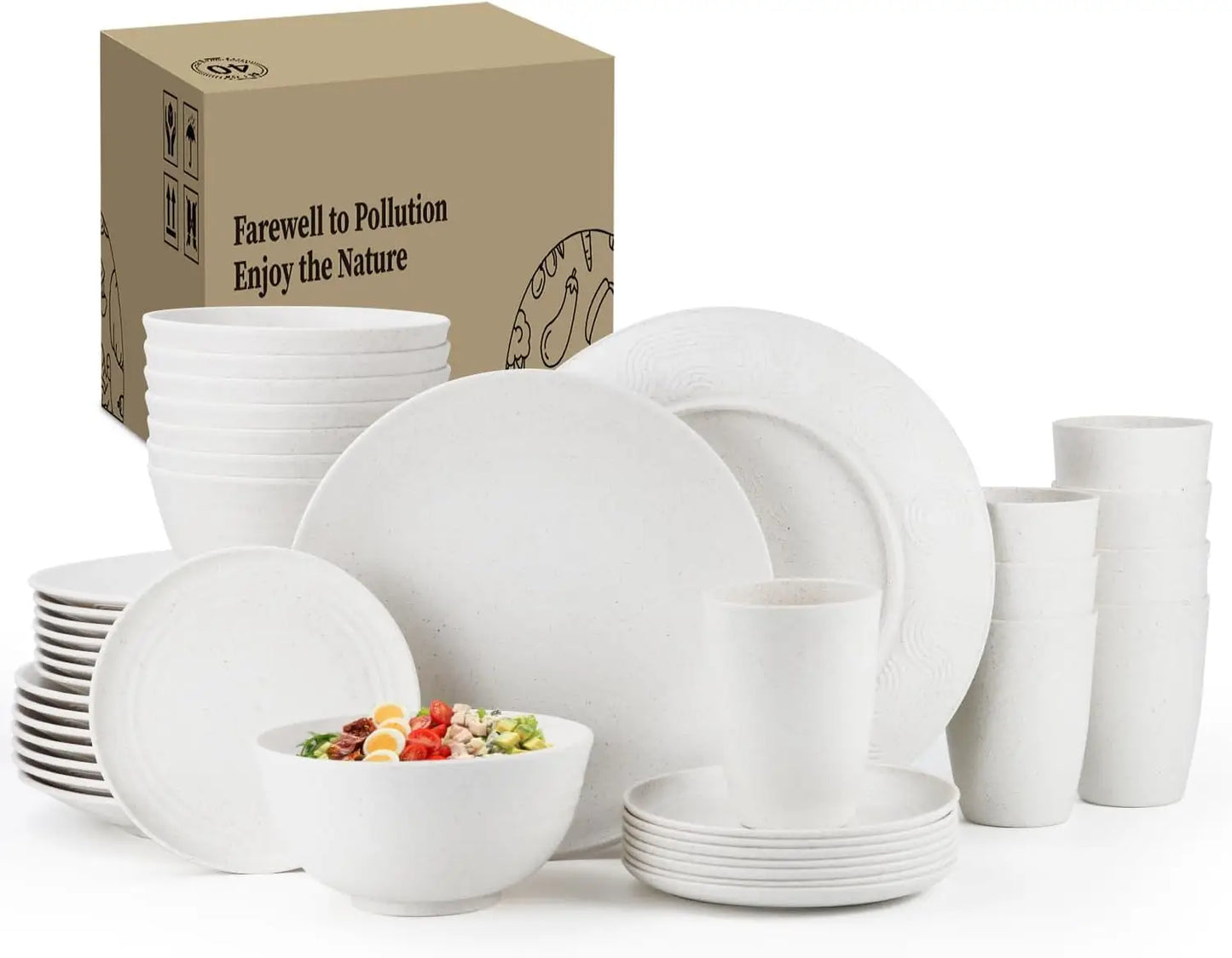 40-Piece Wheat Straw Dinnerware Set For 8, Plates Bowls Cups, Reusable Eco-Friendly White