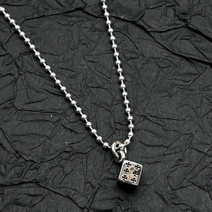 S925 Sterling Silver Retro Old Ring Dice Pendant Necklace European And American Men And WoMen Niche