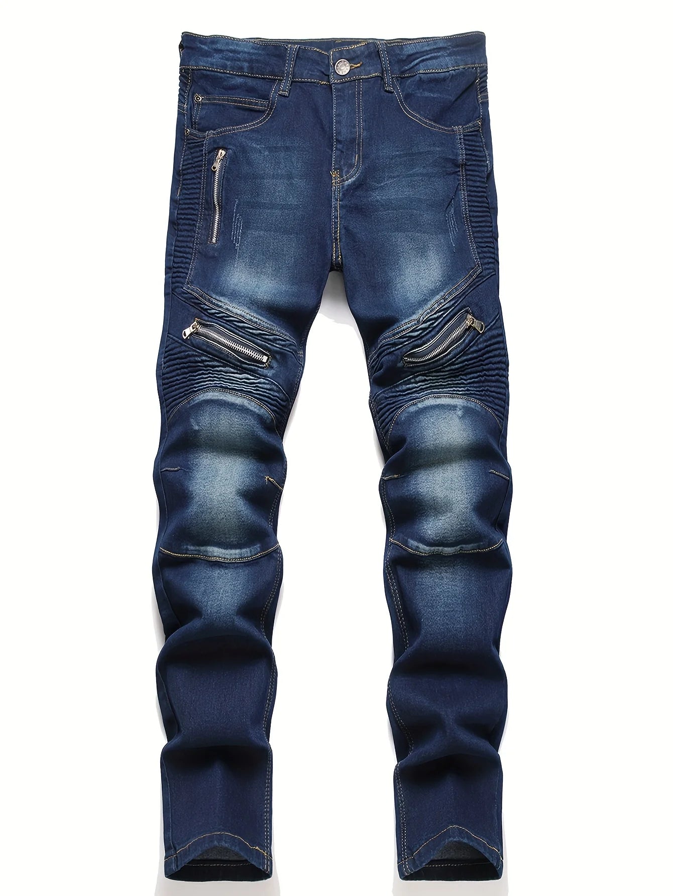 Men's ribbed jeans, elastic straight leg denim pants, washed bicycle distressed jeans