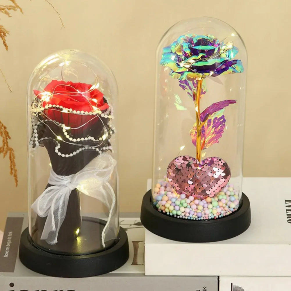 Gold Foil Flower LED Forever Rose Warm White Night Light Artificial Preserved Rose in Glass Dome for Valentine's Day Decoration