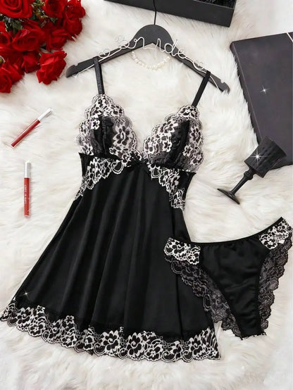 2-Piece Black Floral Lace Sleepwear Set with V-Neck Bow Tie Nightgown and Matching Panties