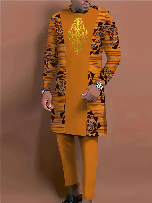 Men's Casual Long-Sleeved Two-Piece Set: Mid-Length Top and Trousers