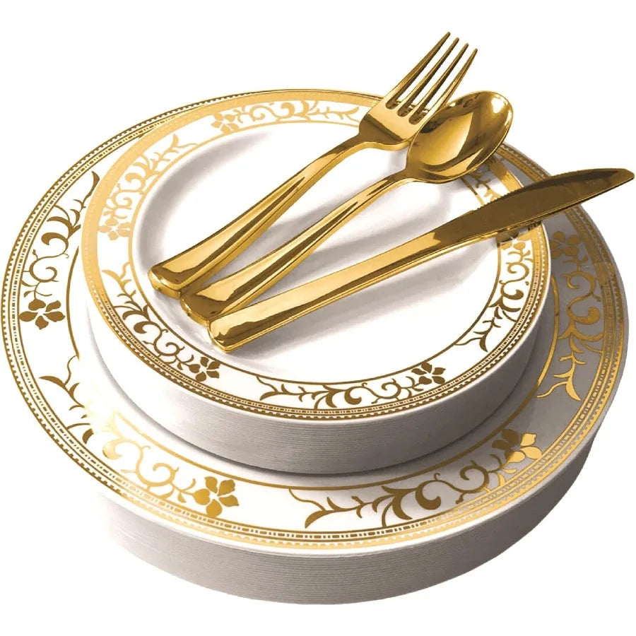 125Piece White And Gold Floral Fancy Plastic Plates Disposable With Silverware Elegant Dinnerware Set For Weddings Holiday Part