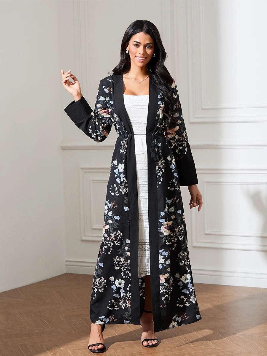 Elegant Floral Print Maxi Dress with Long Sleeves and Flowy Cardigan - Perfect Arab Robe for Any Season