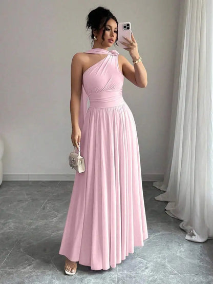 Women'S Lavender One-Shoulder Flowing Maxi Dress - Draped Neck Pleated Skirt For Weddings & Events