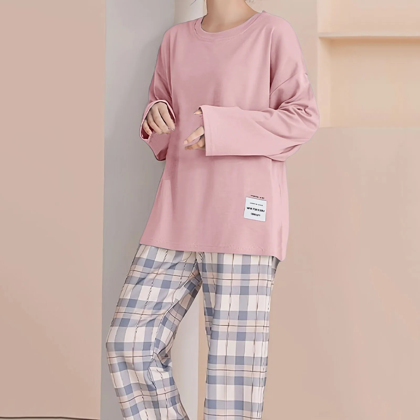 Pajamas Set For Womenpring Autumn New Sweet Loose Casual Home Wear Plaid Print Sleepwear Outfit 2 Piece Set T-Shirts+Pant Sets
