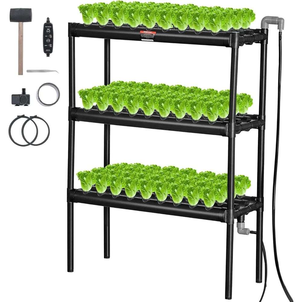 Hydroponic Planting System, Dark Gray PVC Pipes with Water Pumps, Timers, Baskets, and Sponges, Consisting of 108, 3-Layer