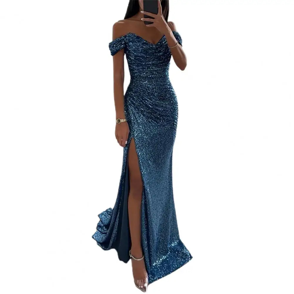 Evening Party Prom Dress Women Elegant V-Neck Off Shoulder Maxi Dress Sequin Pleated Short Sleeve Slim Gorgeous Split Long Dress