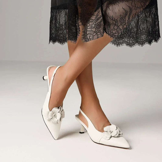 GIGIFOX Flower Kitten High Heel Sandals For Women Pointed Toe Elastic Band Pull-on Slingback Pumps Elegant INS All-Match Sandals