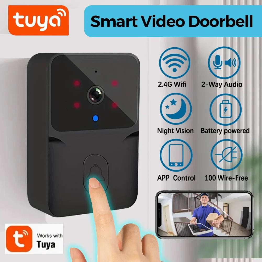 tuya Wireless smart video doorbell, 2.4G WiFi home security camera, 2-way audio, night vision, battery, secure home monitoring
