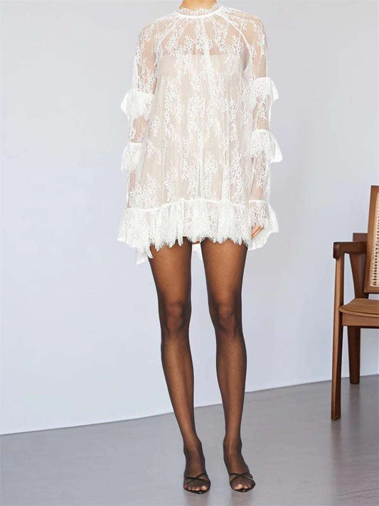 Floral Lace Dress V-Neck Long Sleeve A-Line Cocktail Dress with Belt Vintage Retro Party Mini Dress for Women