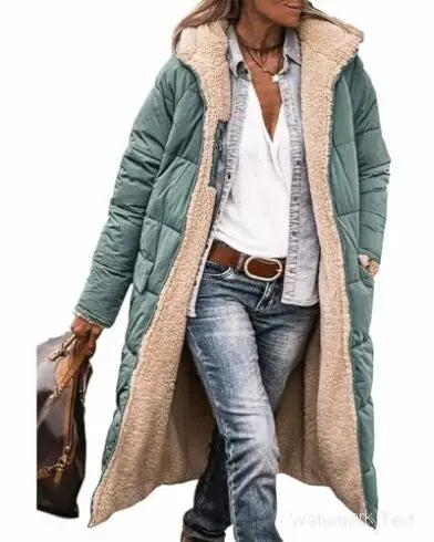 Women 2024 Warm Winter Coats Reversible Sherpa Fleece Long Hooded Puffer Jackets Outerwear 142857