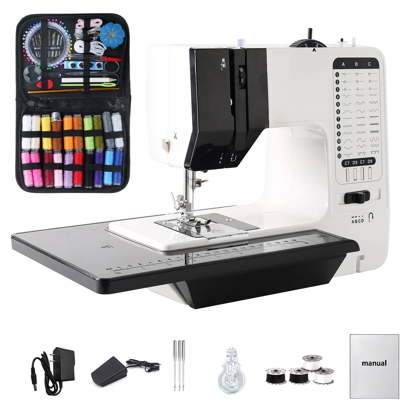 12 Stitches Mini Electric Sewing Machine With Sewing Table And 113Pcs Sewing Kit Multifunctional Base Design