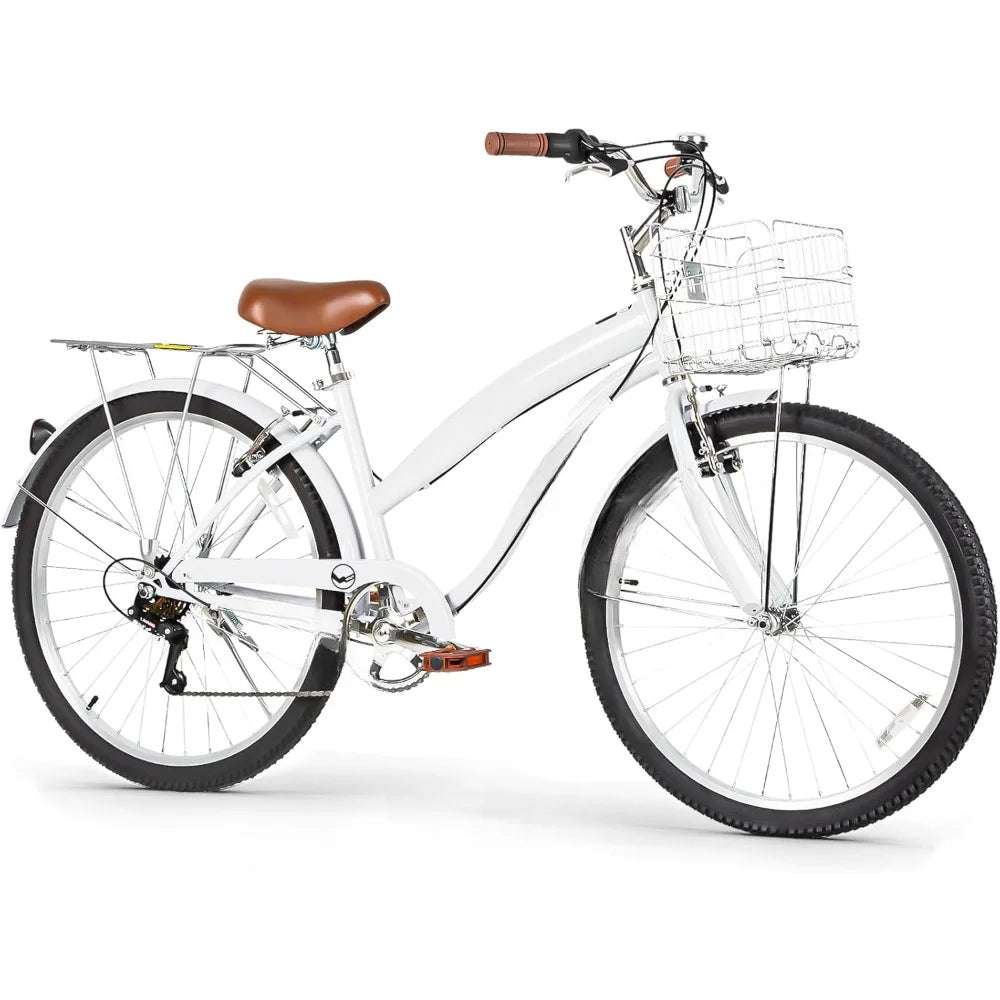 26 " Commuter Bicycle for Adult Men and Women, 7-Speed/High-Carbon Steel/Front & Rear Fenders, Comfortable City Bikes