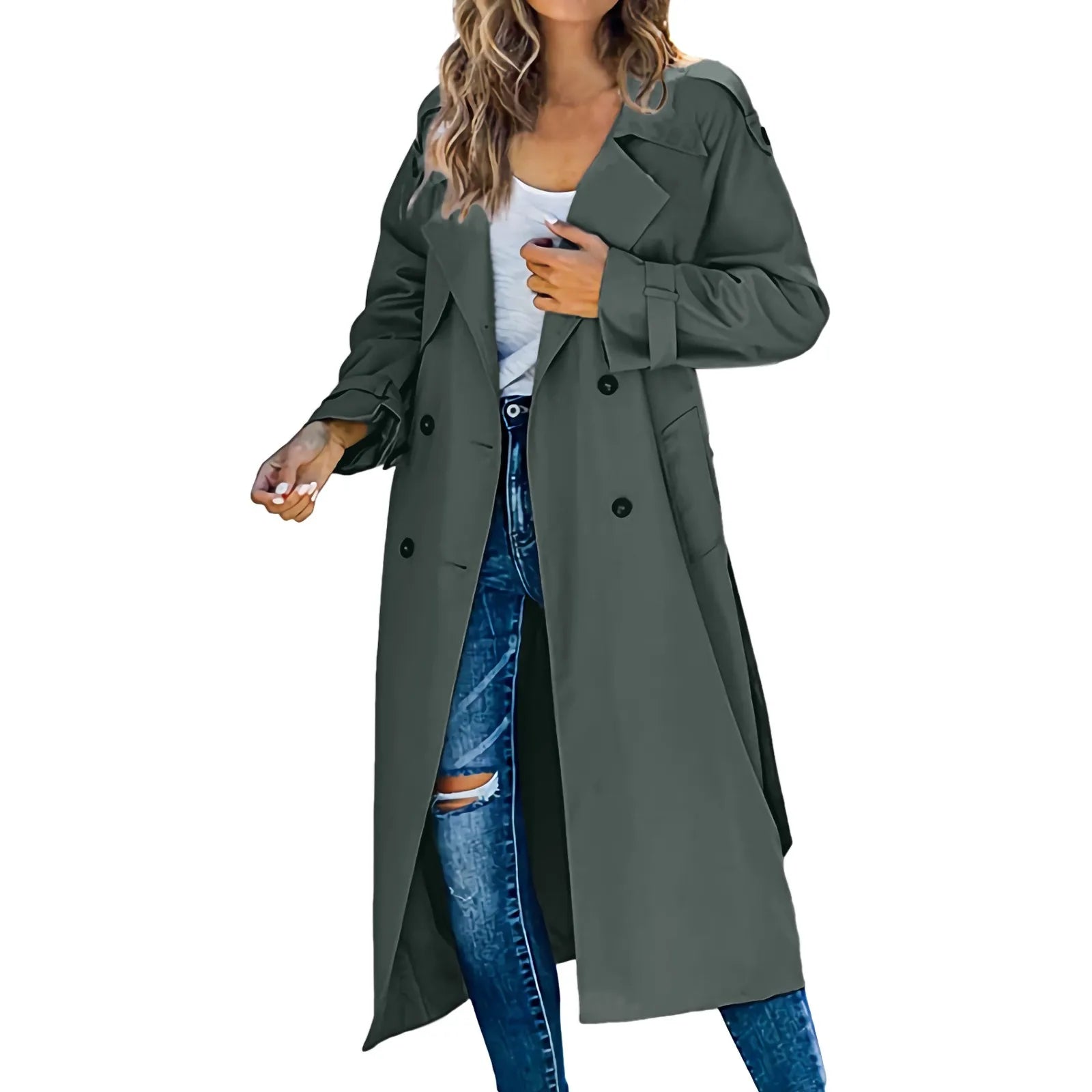 Women'S Oversized Parkas Double Breasted Belted Turn Down Collar Office Lady Pea Coat Windbreaker Mid Length Overcoats Trench
