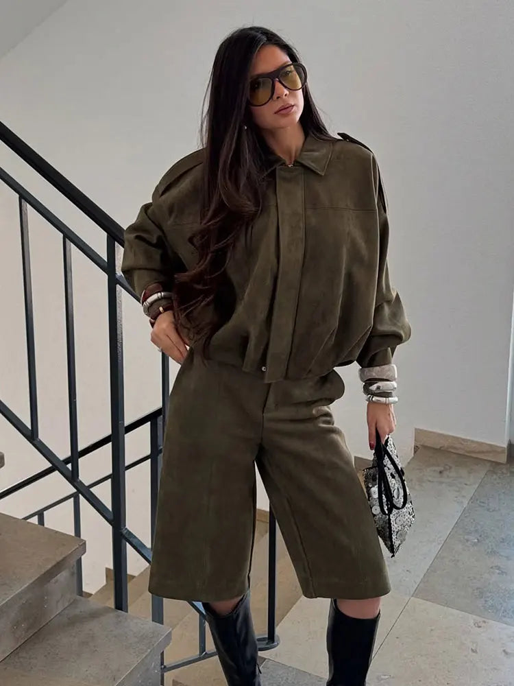 Women'S Brown Green Suede Jacket Loose Casual Bomber Coat Lapel Zipper Long Sleeve Jackets Vintage Lady Motorcycle Outwears